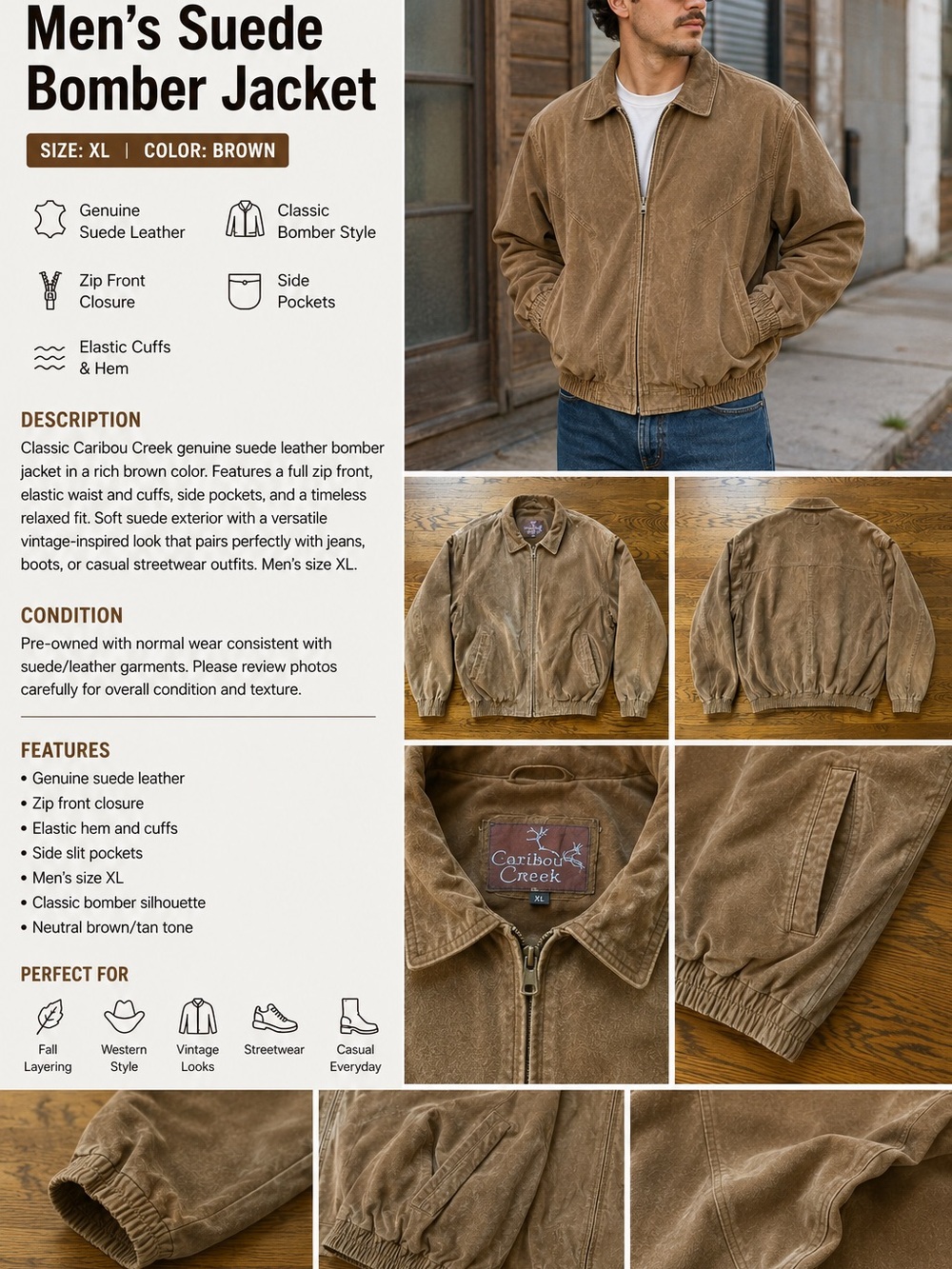 Caribou Creek Men’s Suede Leather Bomber Jacket XL Brown
